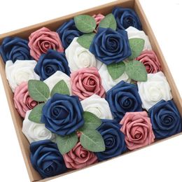 Decorative Flowers D-Seven 25/50pcs Artificial Flower White/Mauveglow/Navy Rose W/Stem For DIY Wedding Bouquet Floral Decor Baby Shower Cake