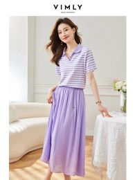 Suits Vimly Casual Purple Skirt Sets Women's Summer Outfits Striped V Neck Polo T Shirts Top Solid Midi Skirts with Chain 2 Piece Sets