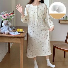 Women's Sleepwear Chest Padded Cotton Nightgowns Korean Loose Home Dress Long Sleeve Spring Autumn Girls Nightdress