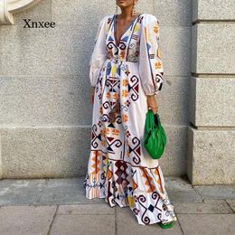 Casual Dresses Summer Ladies Elegant Lantern Sleeves Lotus Leaf Loose Long Skirt Retro Pattern Printing Party Dress V-Neck Fringed