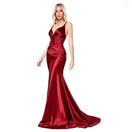 Casual Dresses Spaghetti Strap V Neck Satin Backless Ruched Maxi Dress Stretch Bodycon Evening Party Burgundy Green White