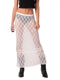 Skirts Women Floral Lace Long Maxi Skirt Y2k Low Waist See Through Sheer Wrap A Line Pencil Streetwear Beachwear