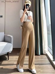 Maternity Bottoms Summer Maternity Belly Trousers Solid Color Side Split High Waist Pregnant Women Long Pants Elegant Office Lady Straight JeansL2404