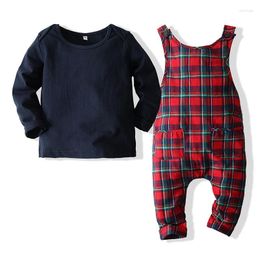 Clothing Sets Toddler Boys Solid Colour Crew Neck Long Sleeve Tops Plaid Suspender Pants Overalls Fall Winter Outfits 2Pcs Clothes Set