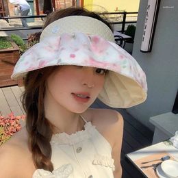 Wide Brim Hats Summer UV Protection Large Sun Hat For Women Korean Fashion Printing Versatile Casual Foldable Empty Top Cap