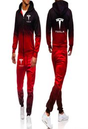 Hoodies Men Tesla Car Print Casual Harajuku Gradient Colour Hooded Fleece Zipper Jacket Sweatshirt Sweatpants Suit 2pcs7454901