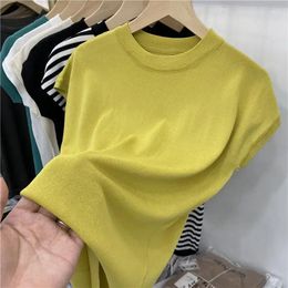 Women's T Shirts Woman Short Sleeve Slim Fit Summer Yellow Tshirt Girls Oversized Shirt Office Wear OL Knitwear Knit Top Cotton T-shirt