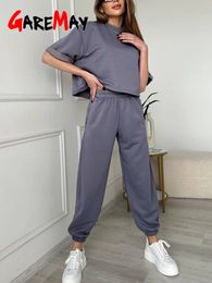 Casual Summer Womens Oversize Trouser Suit Cotton Grey White Classic Top and Pants Tracksuit Two Piece Set Women Outfits 240422