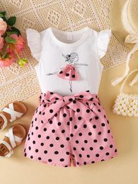 Clothing Sets 4-7 Year Old Girls' Round Neck Sleeveless Printed T-shirt Polka Dot Shorts Two-piece Set