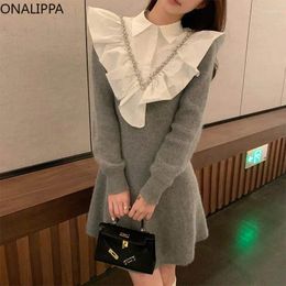 Casual Dresses Onalippa Beaded Ruffles Patchwork Mini Dress Small Fragrance Long Sleeves Knitted French Style Heavy Industry Vestidos