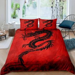 sets Red Base Black Dragon Print Duvet Cover Set Chinese Dragon Pattern Bedding Sets Full Size Microfiber 2/3 Pieces Comforter Sets