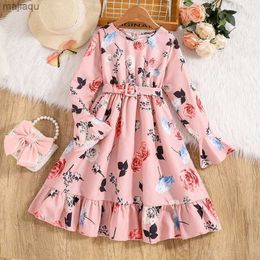 Girl's Dresses Kids Casual Dress for Girls Clothes 2023 Autumn Winter New Children Fashion Floral Print Pink Princess Dress with Belt 7-14YL2404