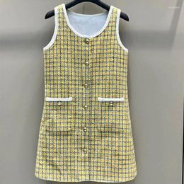 Casual Dresses 2024 Spring Brand Fashion Yellow Woollen Plaid Dress Slim Tweed Back Strap Sleeveless A-Line Women Single Breasted