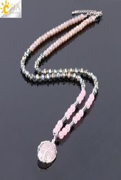 CSJA Chakra Sweater Necklace for Women Natural Pink Rose Quartz Crystal Drop Pendant Gemstone Statement Necklaces Tree of Life Jew5523258