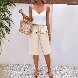 Women's Shorts Women Casual Trousers Stylish Knee Length With Drawstring Elastic Waist Buttoned Front Pockets For Daily