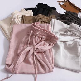 Women's Pants Ice Silk Wide Leg Summer Casual Loose Satin Embossed Long Elastic Waist Drawstring Trousers With Pockets