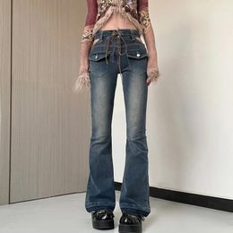 Women's Jeans Street Style Retro Distressed Waist Hollowed Out Belt Design Spicy Girl With Cuffed Pockets And Micro Flared Pants