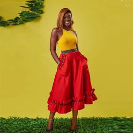 Skirts Ruffles Red Women Skirt A Line With Pocket Saia Mujer Faldas Casual African Girls Formal Party Wear