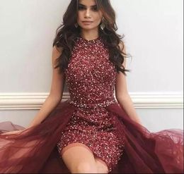 Short Burgundy Sequins Homecoming Dresses 2018 New Sleeveless Sheath Cockatil Gowns with Detachable Train Girl Prom Gowns Custom4070659