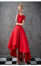 Red Hi Lo Prom Dress with Pockets Satin Sheer with Beading Tea Length Satin Evening Gowns Formal Dresses Laceup Back6937475