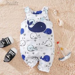 Rompers Summer Boys And Girls Cute Cartoon Whale Embroidery Cotton Comfortable Casual Sleeveless Baby Bodysuit d240425