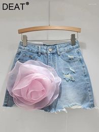 Skirts Women's Denim Skirt Broken Holes Burrs 3d Flowers Wrap Hip A-line High Waist Mini 2024 Summer Fashion 29L7252