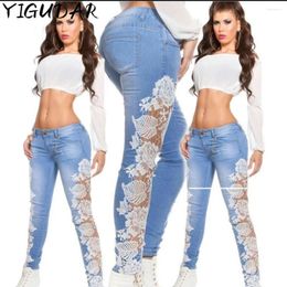 Women's Jeans Woman Pencil Pants Patchwork Side Lace Floral Hollow Out Skinny Denim 2024 Ashion Trousers For Women Ropa Mujer