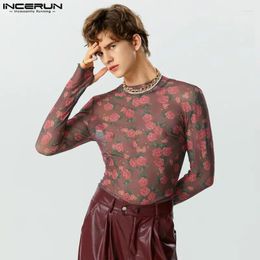 Men's T Shirts Men Shirt Flower Print Mesh Turtleneck Long Sleeve Clothing Streetwear 2024 Fitness Transparent Stylish Camisetas INCERUN