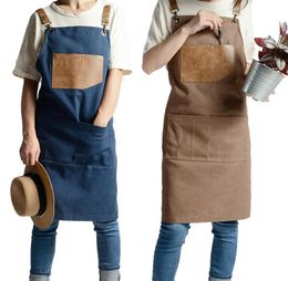 Fashion Adjustable PU Canvas Apron Coffee Shop Barber Aprons Bib Cooking Kitchen Aprons For Woman Man Work Apron With Pockets LJ207780679