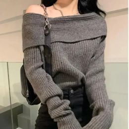 Pullovers Off Shoulder Tops for women Long Sleeve Knitwear Knitted Sweater Sexy Pullover Y2k Clothing Korean Popular Knit White Black Grey