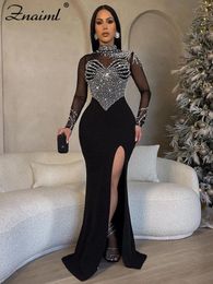 Znaiml Elegant Wedding Even Mesh See Through Patchwork Long Dress Woman Diamonds Rhinestone Mermaid Prom Formal Birthday Luxury 240420