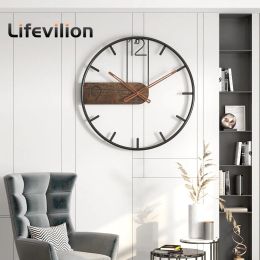 Clocks Metal Wall Clock Large Nordic Iron Round Wall Watch Decal Walnut Pionter Fashion Hanging Clocks Decoration for Home Living Room