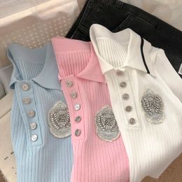 Shirts High Quality Women Fashion Summer Sweet Cute Diamond Preppy Colour Matching Short Sleeved Ice Silk Knitted Polo Shirt Top
