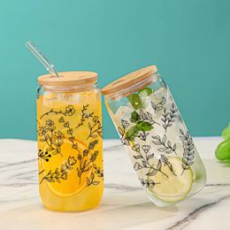 Tumblers 16oz Clear Drinking Glass Can With Bamboo Lid And Straw Juice Coffee Milk Cup For Hot/Cold Drinks Black Line Branches Leaves H240425