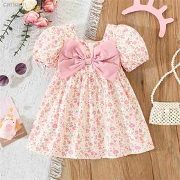 Girl's Dresses Small Fragmented Pink Big Bow Infant Dress New Summer Girls Baby Bubble Sleeve Dress Sweet Girl ChildrenS Clothing d240425