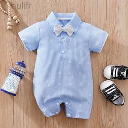 Rompers Summer Newborn Boys And Girls Cute Bow Sea Anchor Full Print Comfortable Cotton Short Sleeve Jumpsuit d240425