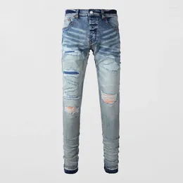 Men's Jeans Fashion Streetwear Men Retro Light Blue Stretch Skinny Fit Hole Ripped Patched Designer Hip Hop Brand Pants