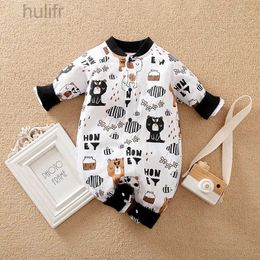 Rompers Spring and Autumn Season Boys and Girls Cute Brown Bear Print Comfortable Casual Long Sleeve Cotton Baby Bodysuit d240425