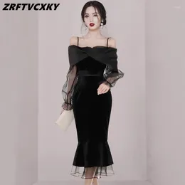 Casual Dresses Spring Autumn Korean Fashion Velvet Fishtail Women Elegant Slash Neck Simple Medium Length Solid Sling Dress