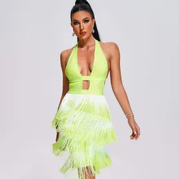 Casual Dresses Bandage Fluorscent Green Dress Tassel Hip Skirt Holder Strapless Backless Girl European And American Style