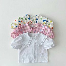 Kids Shirts Baby Blouse Lapel Simple Cotton Short Sleeve Sweet Love Plaid Flowers Girls Tops Toddlers Tee H240425