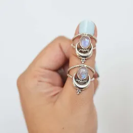 Cluster Rings Boho Moon Moonstone Finger Jewelry For Women Vintage Fashion Creative Personalized Party Gift Female Accessories