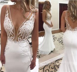 Elegant Plunging V Neck Mermaid Wedding Dresses For Women Embroidery Lace Sleeveless Boho Bridal Gowns Sweep Train Backless Bride Reception Robes de Mariee CL3526