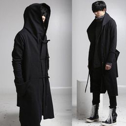 Whole mens casual wool overcoat hooded fashion long trench coat men hip hop black long coat hoodie jacket9839316