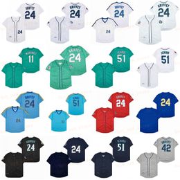 Retired 24 Ken Griffey Jr Baseball Jersey 51 Suzuki Ichiro Vintage Retro Mesh Stitched Pullover