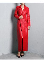 Women's Leather Spring Autumn Extra Long Red Soft Faux Trench Coat For Women Double Breasted Luxury Elegant British Fashion 2024