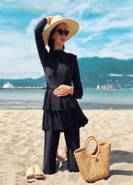 LaFata Whole Black Ruffle Plus Size Muslim Swimwear Burkini Three Piece with Bra Padding 2103242248370