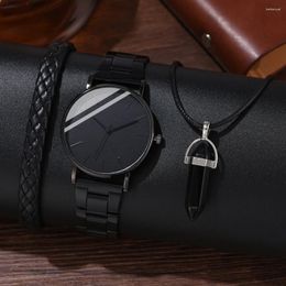 Wristwatches 3PCS Set Fashionable And Minimalist Men's Leather Watch Simplemen Business Network With Quartz Male Casual Necklace