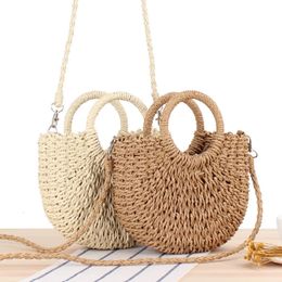 Summer Handmade Bags for Women Beach Weaving Ladies Straw Bag Wrapped Beach Bag Moon shaped Top Handle Handbags 240418