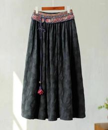 Skirts Winter Woman Skirt Black Cotton Linen Jacquard Weave Long Vintage Embroidery Loose Elastic Waist Autumn Clothing